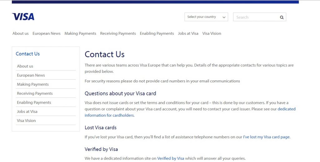Visa Card Customer Service number 